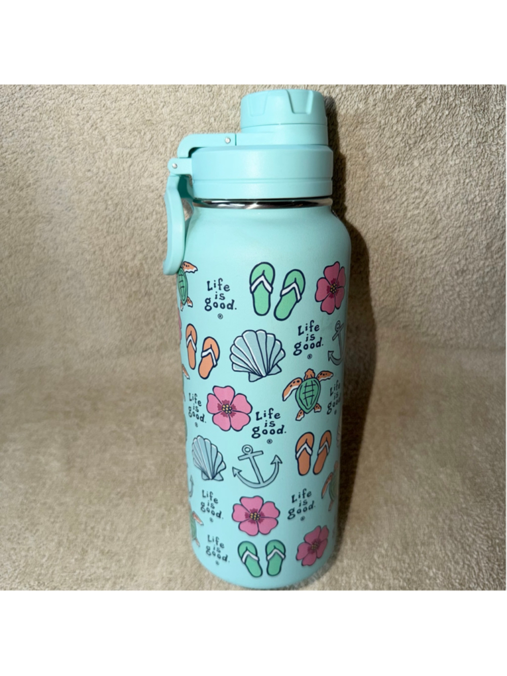 EUC Life Is Good 32oz Wide Mouth Stainless Steel Water Bottle Beach Nautical